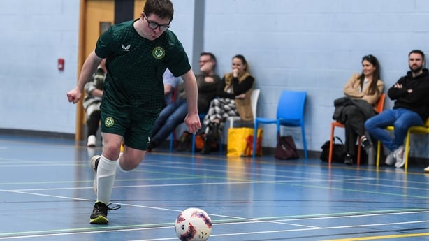 9 March 2025; Fergus Cosgrove during a National Down Syndrome Futsal training session at Corduff Sports Centre in Dublin. Photo by Matt Browne/Sportsfile *** NO REPRODUCTION FEE ***