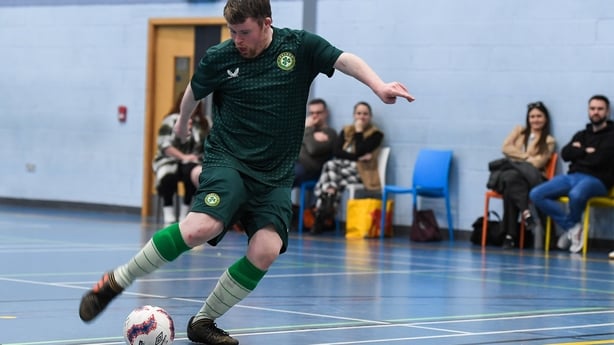 9 March 2025; Jamie Linden during a National Down Syndrome Futsal training session at Corduff Sports Centre in Dublin. Photo by Matt Browne/Sportsfile *** NO REPRODUCTION FEE ***