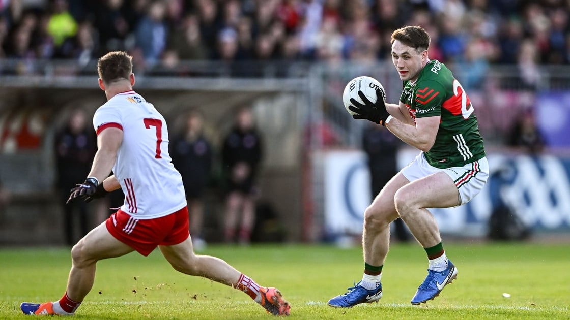 31 May 2025; Paddy Durcan of Mayo in action against Kieran McGeary of Tyrone during the GAA Football All-Ireland Senior Championship Round 2 match between Tyrone and Mayo at O'Neills Healy Park in Omagh, Tyrone. Photo by Piaras Ó Mídheach/Sportsfile