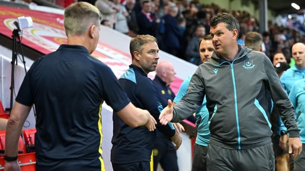 13 June 2025; Drogheda United manager Kevin Doherty, right, shakes hands with St Patrick's Athletic manager Stephen Kenny after their teams draw in the SSE Airtricity Men's Premier Division match between St Patrick's Athletic and Drogheda United at Richmond Park in Dublin. Photo by Shauna Clinton/Sp