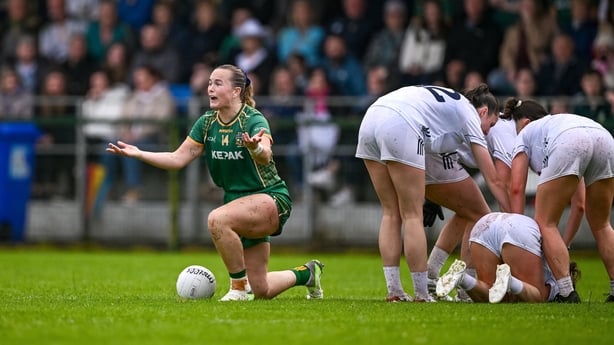 14 June 2025; Vikki Wall of Meath appeals to the referee before she is shown a yellow card during the TG4 All-Ireland Ladies Football Senior Championship Round 3 match between Kildare and Meath at Manguard Plus Kildare GAA Centre of Excellence in Newbridge, Kildare. Photo by Ray McManus/Sportsfile 