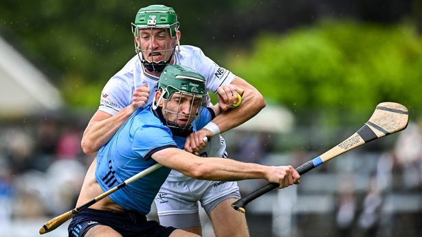 14 June 2025; Chris Crummey of Dublin in action against Jack Sheridan of Kildare during the GAA Hurling All-Ireland Senior Championship Round 1 match between Kildare and Dublin at Cedral St Conleth's Park in Newbridge, Kildare. Photo by Piaras Ó Mídheach/Sportsfile