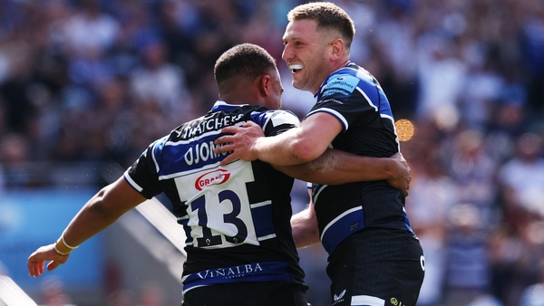 LONDON, ENGLAND - JUNE 14: Max Ojomoh of Bath Rugby celebrates with team mate Finn Russell after scoring their second try during the Gallagher Premiership Rugby Final match between Bath Rugby and Leicester Tigers at Allianz Stadium on June 14, 2025 in Lon