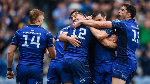 14 June 2025; Jordie Barrett of Leinster, 12, celebrates with teammates after scoring their side's second try during the United Rugby Championship Grand Final match between Leinster and Vodacom Bulls at Croke Park in Dublin. Photo by David Fitzgerald/Sportsfile