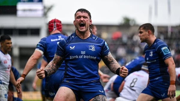 14 June 2025; Andrew Porter of Leinster celebrates his side's third try scored by team-mate Josh van der Flier during the United Rugby Championship Grand Final match between Leinster and Vodacom Bulls at Croke Park in Dublin. Photo by Brendan Moran/Sports
