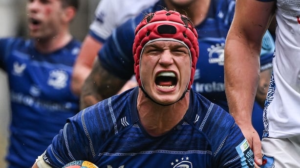14 June 2025; Josh van der Flier of Leinster celebrates after scoring his side's third try during the United Rugby Championship Grand Final match between Leinster and Vodacom Bulls at Croke Park in Dublin. Photo by Brendan Moran/Sportsfile