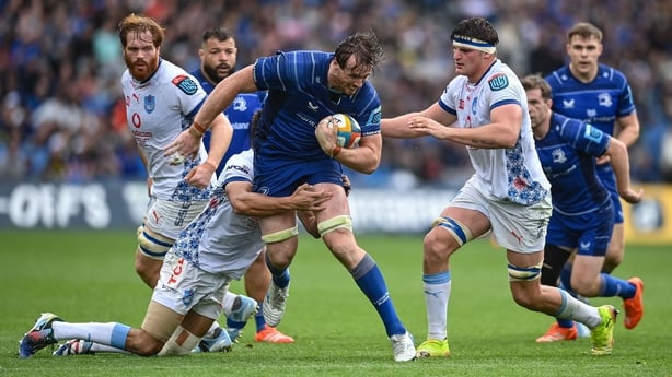 14 June 2025; Ryan Baird of Leinster is tackled by Harold Vorster of Vodacom Bulls during the United Rugby Championship Grand Final match between Leinster and Vodacom Bulls at Croke Park in Dublin. Photo by David Fitzgerald/Sportsfile