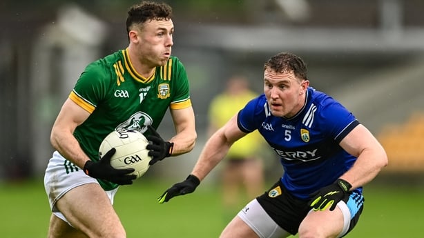 14 June 2025; Jordan Morris of Meath in action against Tadhg Morley of Kerry during the GAA Football All-Ireland Senior Championship Round 3 match between Kerry and Meath at Glenisk O'Connor Park in Tullamore, Offaly. Photo by Tom Beary/Sportsfile