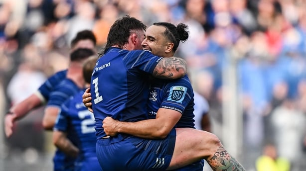 14 June 2025; Andrew Porter of Leinster, left, celebrates with team-mate James Lowe at the final whistle of the United Rugby Championship Grand Final match between Leinster and Vodacom Bulls at Croke Park in Dublin. Photo by Seb Daly/Sportsfile