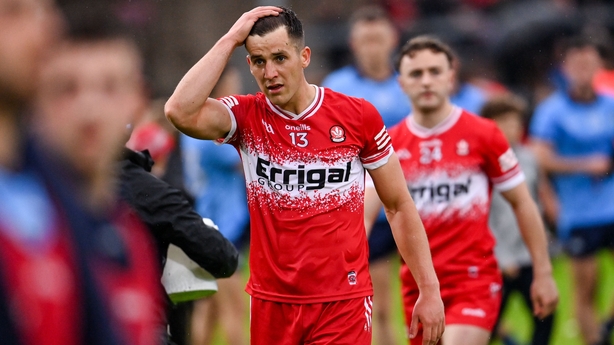 14 June 2025; Shane McGuigan of Derry after his side's defeat in the GAA Football All-Ireland Senior Championship Round 3 match between Dublin and Derry at Páirc Esler in Newry, Down. Photo by Ramsey Cardy/Sportsfile