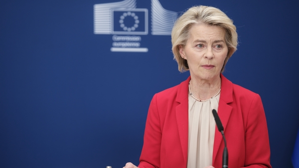 BRUSSELS, BELGIUM - JUNE 10: President of the European Commission Ursula von der Leyen talks to the media in the Berlaymont, the EU Commission headquarter on June 10, 2025 in Brussels, Belgium. Today, the European Commission has proposed an 18th package o