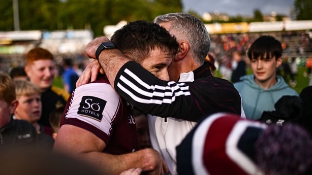 14 June 2025; Shane Walsh of Galway, left, celebrates with Galway manager Pádraic Joyce after the GAA Football All-Ireland Senior Championship Round 3 match between Galway and Armagh at Kingspan Breffni in Cavan. Photo by Ben McShane/Sportsfile