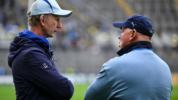 14 June 2025; Leinster head coach Leo Cullen, left, in conversation with Vodacom Bulls head coach Jake White before the United Rugby Championship Grand Final match between Leinster and Vodacom Bulls at Croke Park in Dublin. Photo by Brendan Moran/Sportsfile