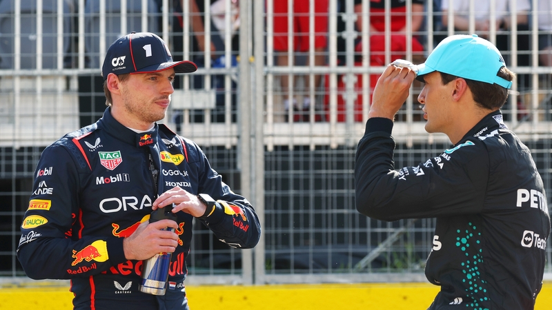 Max Verstappen and George Russell (r) will share the front row in Montreal just two weeks after a collision in Barcelona