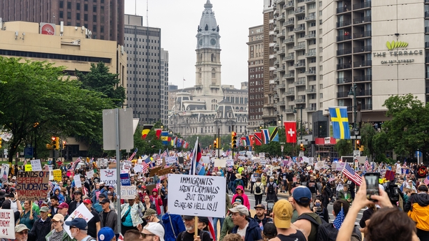 Crowds march in the street to protest President Trump during the ''No Kings Protest'' in Philadelphia, Pennsylvania, United States, on June 14, 2025. (Photo by Nathan Morris/NurPhoto)