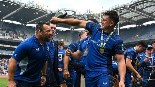 Dan Sheehan (r) celebrates his 'first' winners medal with Leinster's Cian Healy