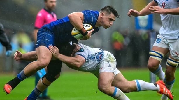 14 June 2025; Dan Sheehan of Leinster is tackled by Marco van Staden of Vodacom Bulls during the United Rugby Championship Grand Final match between Leinster and Vodacom Bulls at Croke Park in Dublin. Photo by Brendan Moran/Sportsfile