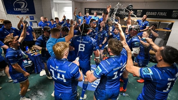 14 June 2025; Leinster players celebrate after the United Rugby Championship Grand Final match between Leinster and Vodacom Bulls at Croke Park in Dublin. Photo by Brendan Moran/Sportsfile