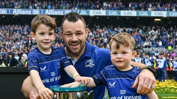 14 June 2025; Cian Healy of Leinster with his sons Beau and Russell after the United Rugby Championship Grand Final match between Leinster and Vodacom Bulls at Croke Park in Dublin. Photo by Brendan Moran/Sportsfile