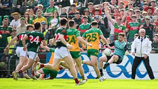 15 June 2025; Donegal goalkeeper Shaun Patton makes a save during the GAA Football All-Ireland Senior Championship Round 3 match between Donegal and Mayo at King & Moffatt Dr Hyde Park in Roscommon. Photo by Seb Daly/Sportsfile