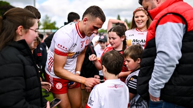 15 June 2025; Conn Kilpatrick of Tyrone with supporters after the GAA Football All-Ireland Senior Championship Round 3 match between Tyrone and Cavan at Brewster Park in Enniskillen, Fermanagh. Photo by Ben McShane/Sportsfile