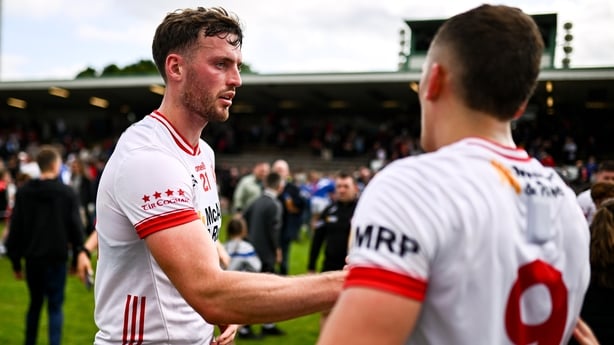 15 June 2025; Brian Kennedy, left, and Conn Kilpatrick of Tyrone after the GAA Football All-Ireland Senior Championship Round 3 match between Tyrone and Cavan at Brewster Park in Enniskillen, Fermanagh. Photo by Ben McShane/Sportsfile