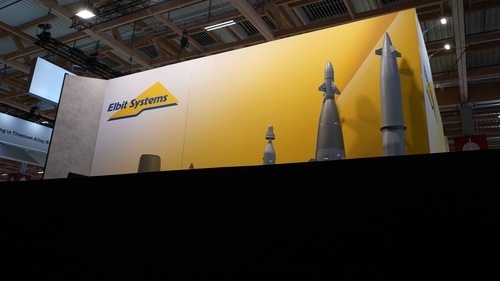 A black wall blocks off the Israel aerospace pavilions, including Elbit Systems, at the Paris Air Show