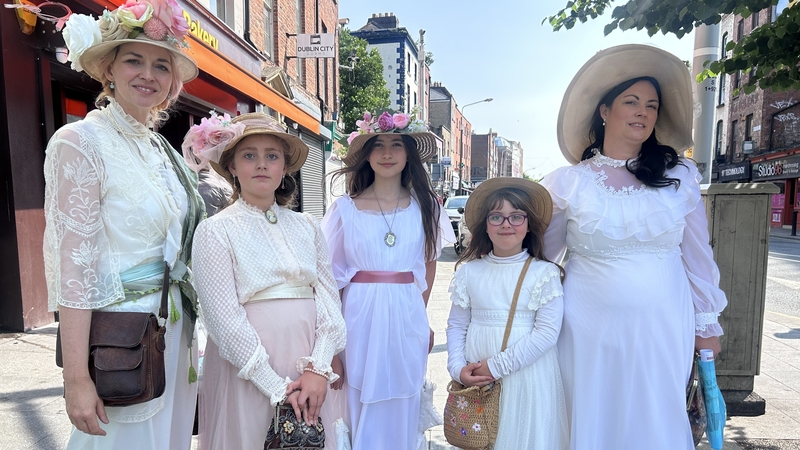 Grandnieces of James Joyce, Chris Joyce, Alee Neill, Mia Joyce Kemper, Ruby Neill and Sabrina Joyce Kemper celebrate Bloomsday in Dublin's north inner city