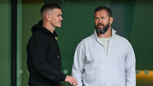 7 June 2025; British & Irish Lions assistant coach Jonathan Sexton, left, and British & Irish Lions head coach Andy Farrell during the United Rugby Championship semi-final match between Leinster and Glasgow Warriors at the Aviva Stadium in Dublin. Photo by Brendan Moran/Sportsfile