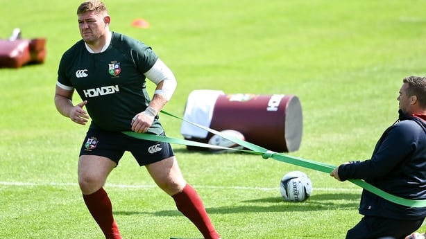 16 June 2025; Tadhg Furlong with assistant coach John Fogarty during the British & Irish Lions rugby squad training at the UCD Bowl in Dublin. Photo by David Fitzgerald/Sportsfile