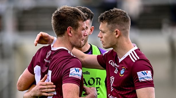 18 June 2023; John Heslin, left, and Shane Dempsey of Westmeath after their side's draw in the GAA Football All-Ireland Senior Championship Round 3 match between Tyrone and Westmeath at Kingspan Breffni in Cavan. Photo by Ramsey Cardy/Sportsfile
