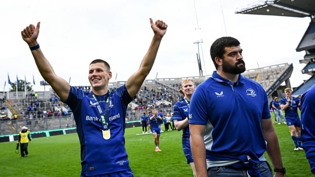 14 June 2025; Sam Prendergast of Leinster after the United Rugby Championship Grand Final match between Leinster and Vodacom Bulls at Croke Park in Dublin. Photo by Seb Daly/Sportsfile