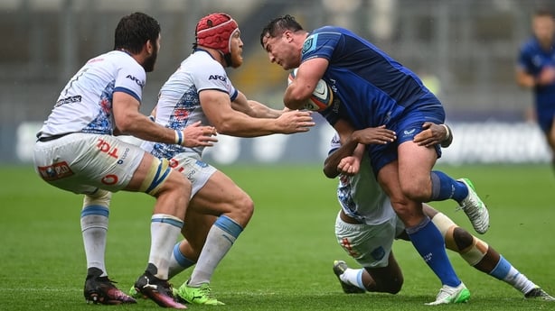 14 June 2025; Thomas Clarkson of Leinster is tackled by Canon Moodie of Vodacom Bulls during the United Rugby Championship Grand Final match between Leinster and Vodacom Bulls at Croke Park in Dublin. Photo by David Fitzgerald/Sportsfile