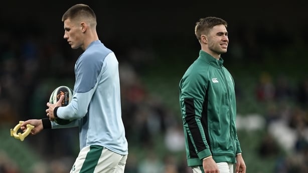1 February 2025; Jack Crowley, right, and Sam Prendergast of Ireland before the Guinness Six Nations Rugby Championship match between Ireland and England at Aviva Stadium in Dublin. Photo by Brendan Moran/Sportsfile