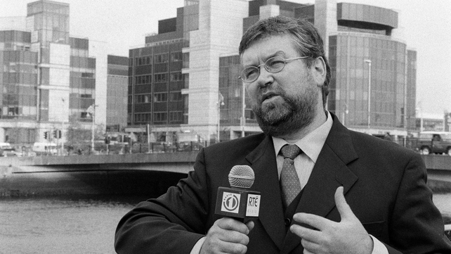 Joe Duffy photographed outside Dublin's IFSC (International Financial Services Centre), 2000