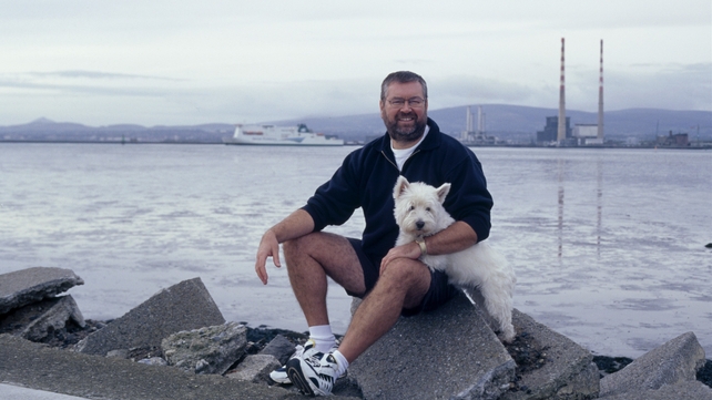 Joe Duffy pictured with his West Highland terrier at the Bull Wall, Dublin, 2000