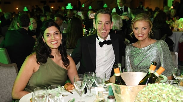 LONDON, ENGLAND - NOVEMBER 07: Ryan Tubridy, Niamh O'Brien (R) and guest attend The Irish Post Awards 2024 at The Grosvenor House Hotel on November 07, 2024 in London, England. (Photo by Antony Jones/Getty Images for The Irish Post)