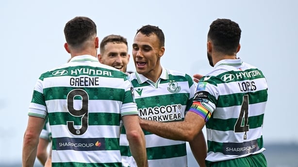Aaron Greene of Shamrock Rovers, 9, is congratulated by team-mate Graham Burke after scoring their side's second goal during the SSE Airtricity Men's Premier Division match between Drogheda United and Shamrock Rovers at Sullivan & Lambe Park in Drogheda, Louth.