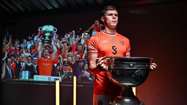 17 June 2025; Armagh footballer Oisín O'Neill poses for a portrait with the Sam Maguire Cup at the national launch of the GAA Football All-Ireland Senior Championship Series at the Croke Park in Dublin. Photo by Sam Barnes/Sportsfile