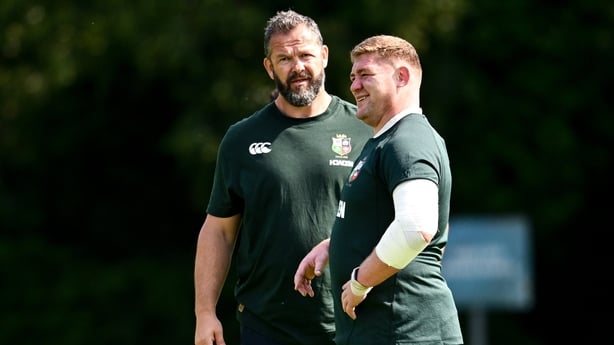 16 June 2025; Head coach Andy Farrell, left, and Tadhg Furlong during the British & Irish Lions rugby squad training at the UCD Bowl in Dublin. Photo by Ramsey Cardy/Sportsfile
