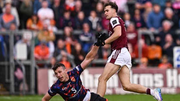 14 June 2025; Robert Finnerty of Galway looks on as he scores his side's second goal past Armagh goalkeeper Ethan Rafferty during the GAA Football All-Ireland Senior Championship Round 3 match between Galway and Armagh at Kingspan Breffni in Cavan. Photo by Ben McShane/Sportsfile