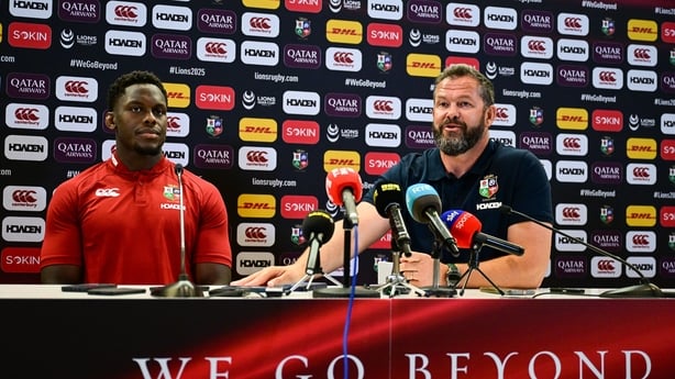 18 June 2025; British and Irish Lions head coach Andy Farrell, right, and captain Maro Itoje during a British & Irish Lions media conference at the Aviva Stadium in Dublin. Photo by Brendan Moran/Sportsfile