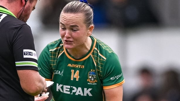 Vikki Wall of Meath appeals to referee Séamus Mulvihill before she is shown a yellow card during the TG4 All-Ireland Ladies Football Senior Championship Round 3 match between Kildare and Meath at Manguard Plus Kildare GAA Centre of Excellence in Newbridge, Kildare.