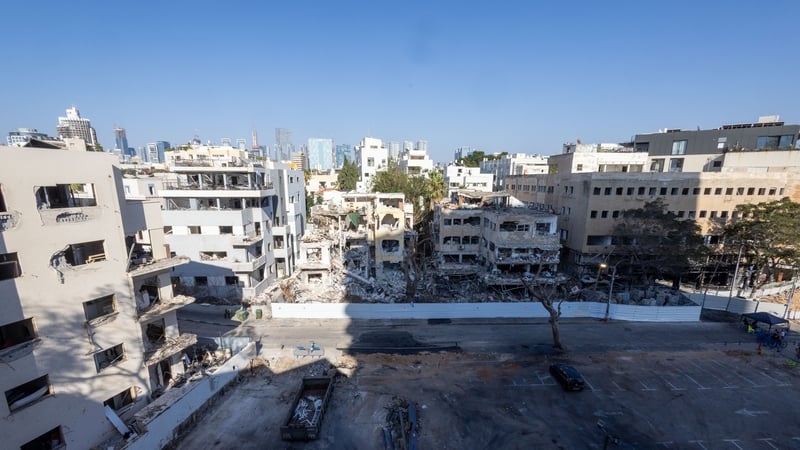 Partially collapsed buildings in Tel Aviv, damaged by some of the ballistic missiles launched by Iran