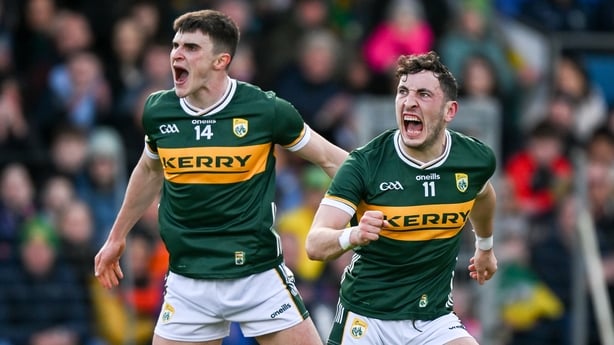 3 March 2024; Paudie Clifford of Kerry, right, celebrates with teammate Seán O'Shea after kicking a point during the Allianz Football League Division 1 match between Kerry and Tyrone at Fitzgerald Stadium in Killarney, Kerry. Photo by Brendan Moran/Sportsfile