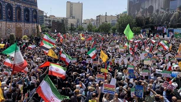 TEHRAN, IRAN - JUNE 20: Thousands of Iranians, waving national flags, gather in Tehran's main squares, following Friday prayers, to protest Israel's recent attacks on several cities across Iran, on June 20, 2025. (Photo by Fatemeh Bahrami/Anadolu via Getty Images)