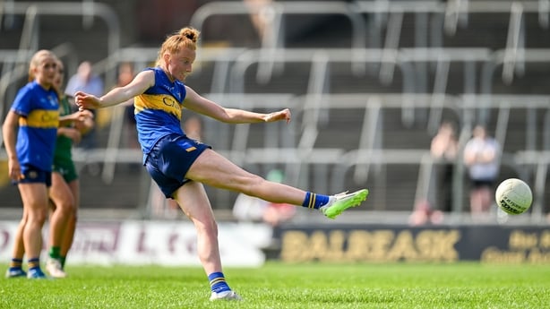 23 June 2024; Aishling Moloney of Tipperary has a shot on goal during the TG4 All-Ireland Ladies Football Senior Championship Round 3 match between Meath and Tipperary at Páirc Tailteann in Navan, Meath. Photo by Brendan Moran/Sportsfile