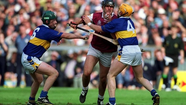 9 September 2001; Joe Rabbitte of Galway is tackled by David Kennedy, left, and Paul Ormonde of Tipperary during the Guinness All-Ireland Senior Hurling Championship Final match between Tipperary and Galway at Croke Park in Dublin. Photo by Brendan Moran/Sportsfile