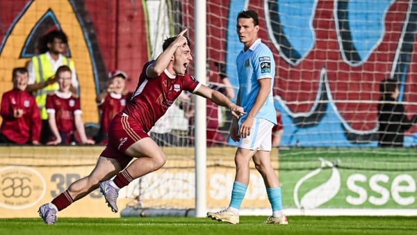 20 June 2025; Edward McCarthy of Galway United celebrates scoring his side's first goal during the SSE Airtricity Men's Premier Division match between Galway United and St Patrick's Athletic at Eamonn Deacy Park in Galway. Photo by Piaras Ó Mídheach/Sport