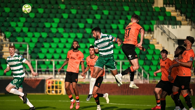 Defender Pico Lopes heads home Shamrock Rovers' second goal against Cork City